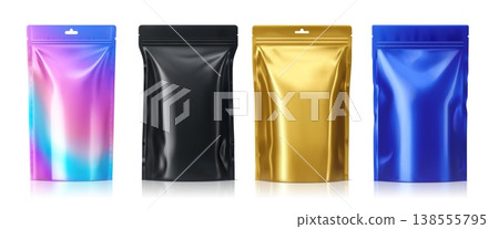 Food pouch foil bags in black, gold, blue, and holographic gradient for snacks, coffee, tea or dry products, isolated on white. Vector set of realistic 3d stand up packaging mockups with zipper locks Food pouch foil bags in black, gold, blue, and holographic gradient for snacks, coffee, tea or dry products, isolated on white. Vector set of realistic 3d stand up packaging mockups with zipper locks 138555795