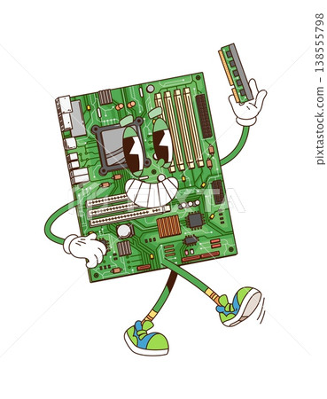 Cartoon groovy computer part character with funny face, vector personage. Groovy computer motherboard with chipset and ROM memory card cartoon funky digital device character in hipster shoes Cartoon groovy computer part character with funny face, vector personage. Groovy computer motherboard with chipset and ROM memory card cartoon funky digital device character in hipster shoes 138555798