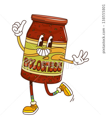 Cartoon groovy Bolognese sauce funky character with happy face, vector comic emoji. Groovy Bolognese sauce glass jar character with funky smile and thumb up gesture as freaky retro cartoon character Cartoon groovy Bolognese sauce funky character with happy face, vector comic emoji. Groovy Bolognese sauce glass jar character with funky smile and thumb up gesture as freaky retro cartoon character 138555801