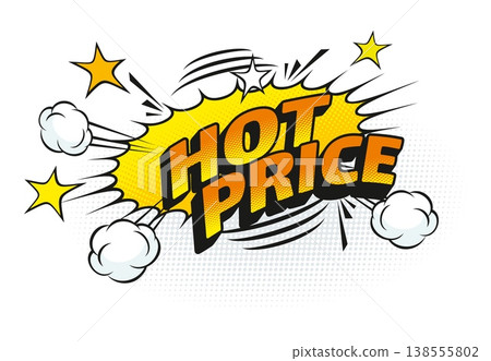Cartoon pop art hot price comic speech bubble, promo explosion tag in bold orange yellow typography, surrounded by white smoke clouds, motion lines, stars, and a halftone backdrop for sales promotion Cartoon pop art hot price comic speech bubble, promo explosion tag in bold orange yellow typography, surrounded by white smoke clouds, motion lines, stars, and a halftone backdrop for sales promotion 138555802