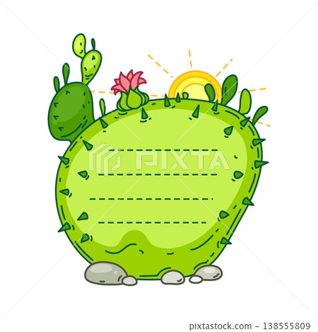 Kids memo note with tropical cactus plant for notice sticker, cartoon vector frame. Kids memo note or message adhesive post and task planner label with cactus succulent and flowers for memo note Kids memo note with tropical cactus plant for notice sticker, cartoon vector frame. Kids memo note or message adhesive post and task planner label with cactus succulent and flowers for memo note 138555809