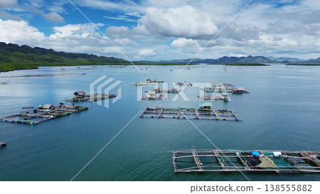 Fish farm with cages for fish and shrimp Fish farm with cages for fish and shrimp 138555882