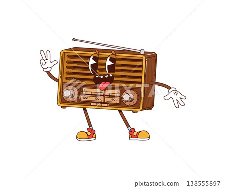 Cartoon retro groovy radio character with antenna and playful smile. Vector hippie device wearing colorful sneakers and sticking out its tongue. Funky radio mascot for hippie themed party 138555897