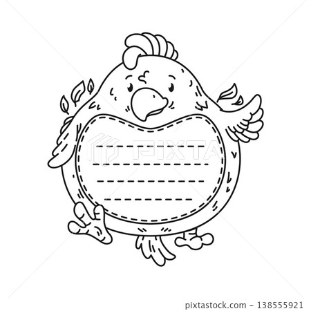 Doodle kids memo note frame of chick character with open wings and a playful expression, dashed lines for notes or message. Black and white cartoon vector memo sheet with cute chick for kids messages 138555921