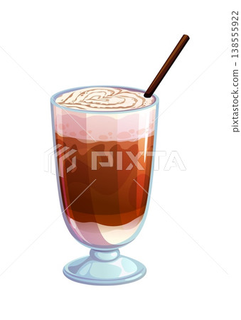 Coffee and dessert drink, isolated cartoon vector chocolate milkshake in a tall glass with a swirl of whipped cream on top and a brown straw. Creamy and indulgent beverage with layers and froth Coffee and dessert drink, isolated cartoon vector chocolate milkshake in a tall glass with a swirl of whipped cream on top and a brown straw. Creamy and indulgent beverage with layers and froth 138555922