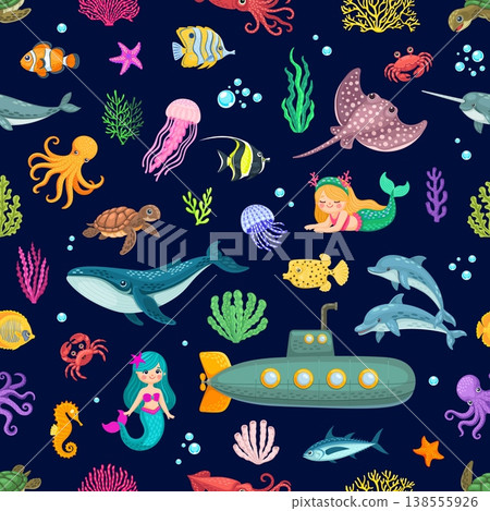 Marine life vector seamless pattern with sea fish, dolphin, turtle, crab and jellyfish, tropical stingray, whale, mermaid and octopus between seaweeds or coral reefs. Cartoon kids nautical pattern 138555926