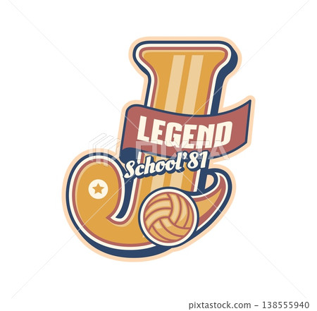 University sport team patch or varsity league label for athletic club or school players, vector letter J. Volleyball ball, champion star and legend ribbon for university or varsity sport team badge 138555940