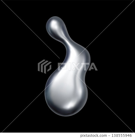 3d liquid chrome metal drop and shape. Sleek chrome blob captures the look of molten metal with smooth gradients and subtle reflections. Vector liquid drop for sci fi interfaces, or fashion accent 138555946