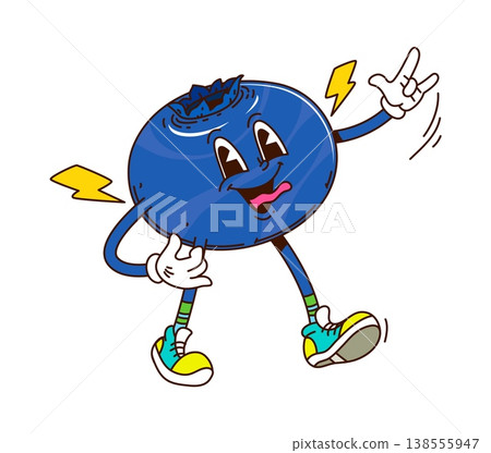 Cartoon groovy blueberry character. Funky blueberry in cool sneakers, walking with its tongue out and energetic hand gestures. Groovy mascot for retro fruit branding, and fun stickers 138555947