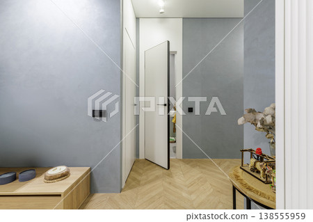 Modern Apartment Entryway with Decor and Hidden Doors Modern Apartment Entryway with Decor and Hidden Doors 138555959
