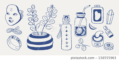 Wellness and Biohacking Gadgets Set. LED Face Mask, Smart Ring, Reusable Eye Patches, Eucalyptus Branches in Vase and Detox Water Bottle. Modern Self Care Rituals. Isolated Outline Vector Hand Drawn Wellness and Biohacking Gadgets Set. LED Face Mask, Smart Ring, Reusable Eye Patches, Eucalyptus Branches in Vase and Detox Water Bottle. Modern Self Care Rituals. Isolated Outline Vector Hand Drawn 138555963