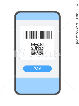 Illustration of a smartphone with a barcode, QR code, and the word "PAY" displayed on the screen - Cashless payment material Illustration of a smartphone with a barcode, QR code, and the word "PAY" displayed on the screen - Cashless payment material 138556132