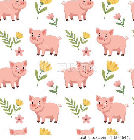 Seamless pattern with cute pink pigs and spring flowers on white background Seamless pattern with cute pink pigs and spring flowers on white background 138556442