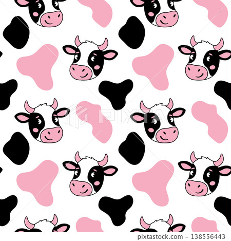 Cute cow head seamless pattern with black and pink spots on white background 138556443