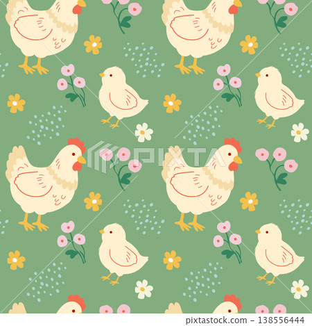 Seamless pattern with hens chicks and flowers on green background Seamless pattern with hens chicks and flowers on green background 138556444