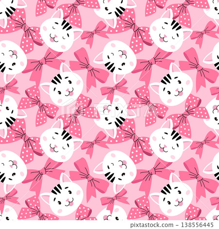 Cute cat heads with pink bows seamless pattern on pink background 138556445