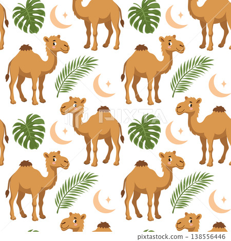 Seamless pattern with cute camels tropical leaves and moon on white background Seamless pattern with cute camels tropical leaves and moon on white background 138556446