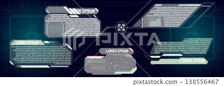 Futuristic HUD display with user interface elements. Glowing data windows, graphs, and a warning panel on a dark blue background with circuit lines. High-tech, sci-fi style illustration Futuristic HUD display with user interface elements. Glowing data windows, graphs, and a warning panel on a dark blue background with circuit lines. High-tech, sci-fi style illustration 138556467