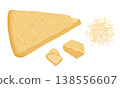 Parmesan cheese set top view vector doodle illustration. Italian food cartoon drawing for menu and restaurant template. Isolated grated and triangle piece for culinary product graphic design. 138556607