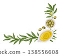 Olive oil and fruit top view vector food illustration. Hand drawn corner composition with branch and gravy boat. Italian organic ingredient for restaurant menu design. Perfect for culinary packaging. 138556608
