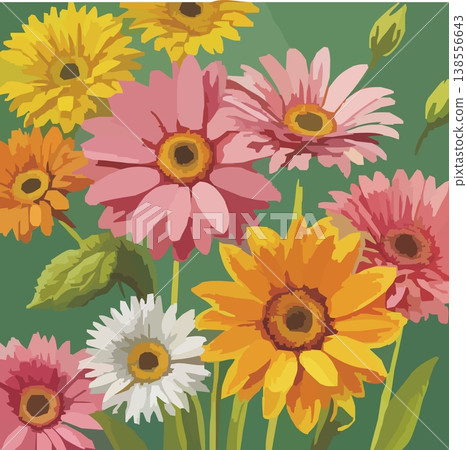 Floral illustration of yellow and pink flowers on a green background 138556643