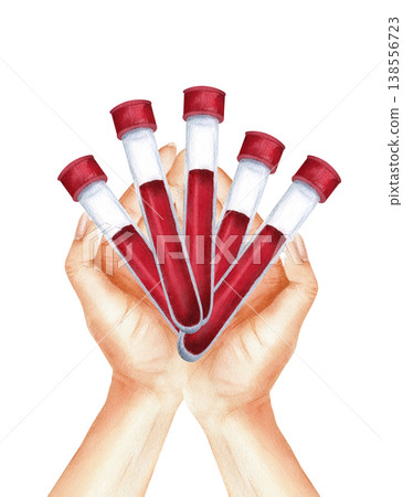 Lab technician's hands of professional holding test tubes with blood, biomaterial. Moment of laboratory testing. Watercolor isolated illustration as precision, responsibility, diagnostics importance Lab technician's hands of professional holding test tubes with blood, biomaterial. Moment of laboratory testing. Watercolor isolated illustration as precision, responsibility, diagnostics importance 138556723