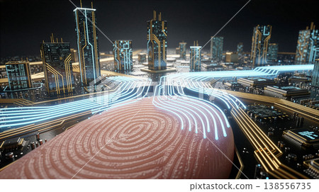 Biometric Fingerprint with Glowing Digital Circuitry for Data Security and Identity 138556735