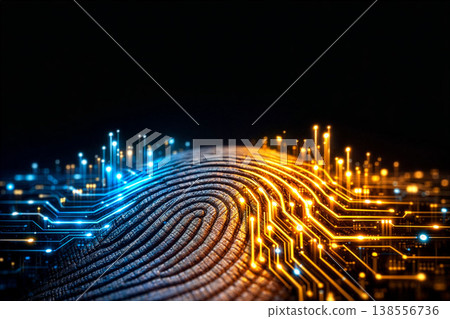 Biometric Fingerprint with Glowing Digital Circuitry for Data Security and Identity 138556736