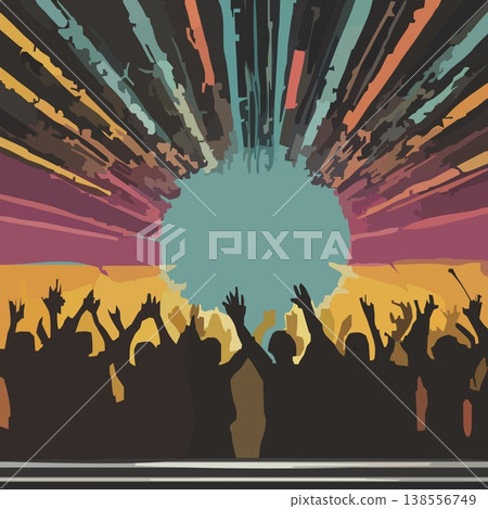 音樂會剪影插圖，配有藍色聚光燈和彩色光束 138556749