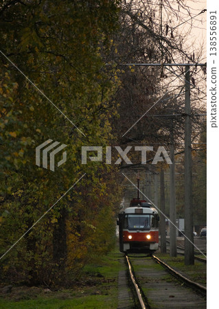 Tram urban public transport rides on rails with green grass and trees. transportation of passengers. Tram urban public transport rides on rails with green grass and trees. transportation of passengers. 138556891
