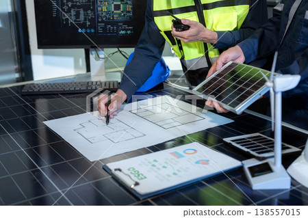 Environmental engineering team meeting with renewable energy model and ESG report in office. Environmental engineering team meeting with renewable energy model and ESG report in office. 138557015