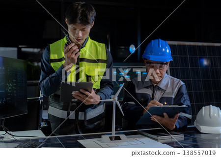 Environmental engineering team meeting with renewable energy model and ESG report in office. Environmental engineering team meeting with renewable energy model and ESG report in office. 138557019