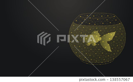 Low poly wireframe goldfish in a fishbowl icon on dark background. Low poly wireframe goldfish in a fishbowl icon on dark background. 138557067