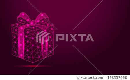 Low poly wireframe gift box with bow on dark background. Low poly wireframe gift box with bow on dark background. 138557068