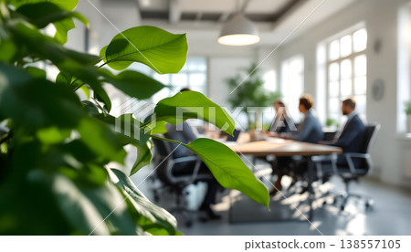 Photo of business meeting in modern office with green plant in foreground, showcasing collaboration and corporate environment. Photo of business meeting in modern office with green plant in foreground, showcasing collaboration and corporate environment. 138557105
