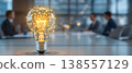Illustration of a lightbulb with network connections in a conference room, symbolizing innovation and teamwork. 138557129