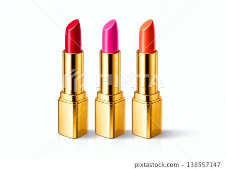金色外殼的三色唇膏（紅色、粉紅色和珊瑚色） 138557147