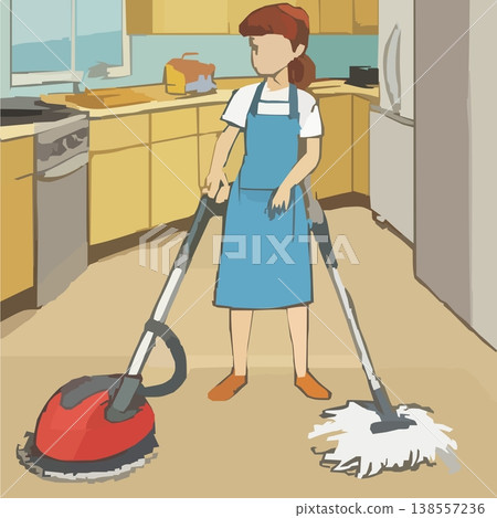 Female cleaning staff vacuuming the kitchen 138557236