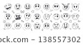 Crayon scribble emoticon set with various expressions. Outline hand drawn characters showing happiness, sadness, anger, laughter. Sketch chalk-style icons with grunge texture. Black and white vector 138557302