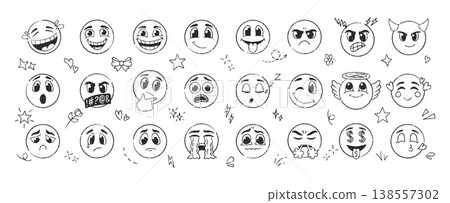 Crayon scribble emoticon set with various expressions. Outline hand drawn characters showing happiness, sadness, anger, laughter. Sketch chalk-style icons with grunge texture. Black and white vector Crayon scribble emoticon set with various expressions. Outline hand drawn characters showing happiness, sadness, anger, laughter. Sketch chalk-style icons with grunge texture. Black and white vector 138557302