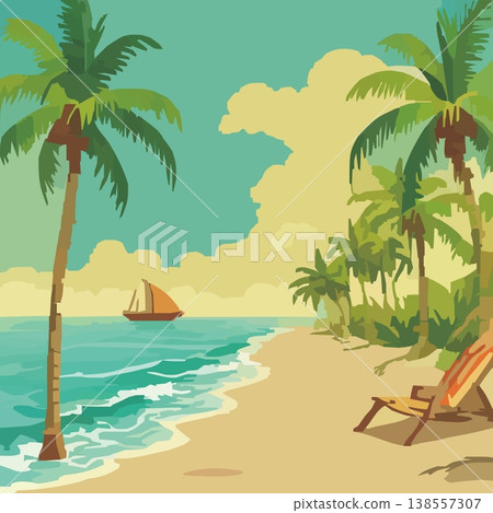 一幅熱帶海灘插畫，描繪了棕櫚樹和寧靜的大海。 138557307