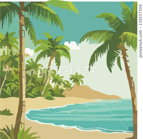 一幅描繪寬闊熱帶海灘的插圖，海灘上有許多棕櫚樹，還有蔚藍的大海。 138557309