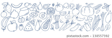 Berries, fruits and vegetables in doodle sketch style Berries, fruits and vegetables in doodle sketch style 138557392