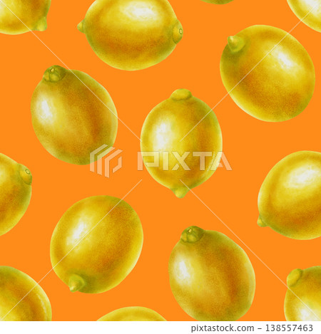 Watercolor seamless pattern featuring ripe yellow lemons scattered. Hand drawn whole citrus fruits illustration. Fresh organic food texture for fabric, wallpaper, packaging, and kitchen decor 138557463
