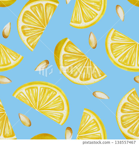 Lemon. Seamless watercolor pattern with hand drawn lemon wedges and seeds. Hand-drawn summer botanical illustration is perfect for fabric, wallpaper, packaging, and kitchen decor, cafe menu Lemon. Seamless watercolor pattern with hand drawn lemon wedges and seeds. Hand-drawn summer botanical illustration is perfect for fabric, wallpaper, packaging, and kitchen decor, cafe menu 138557467