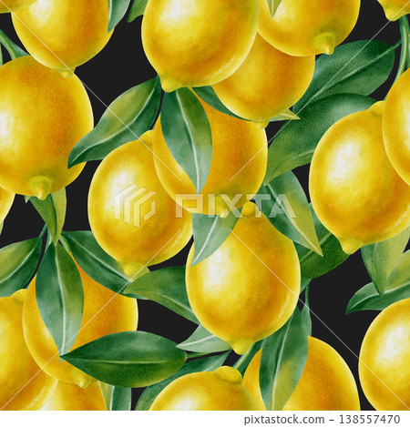Watercolor seamless pattern with whole yellow lemons and lush green leaves. Hand drawn botanical illustration for fabric, textiles, wallpaper and Mediterranean style decor, kitchen decor, cafe menu 138557470