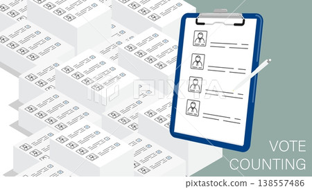 Isometric counting the votes of voters from ballots folded in a pile. Cartoon 3D vector concept isolated on green background 138557486