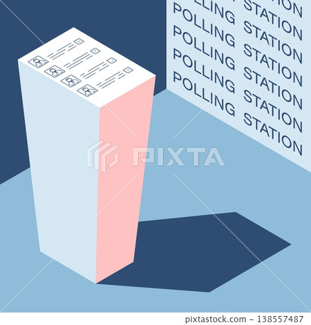 Isometric stack of ballot papers casting a shadow in the form of a directional arrow towards the polling station. Cartoon 3D vector on blue background 138557487