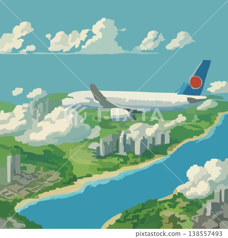 An illustration of an airplane and clouds flying above mountains and a river. An illustration of an airplane and clouds flying above mountains and a river. 138557493