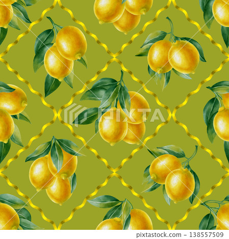 Watercolor seamless pattern with lemons and green leaves. Hand drawn botanical illustration for fabric, textiles, wallpaper and Mediterranean style decor, kitchen decor, cafe menu Watercolor seamless pattern with lemons and green leaves. Hand drawn botanical illustration for fabric, textiles, wallpaper and Mediterranean style decor, kitchen decor, cafe menu 138557509
